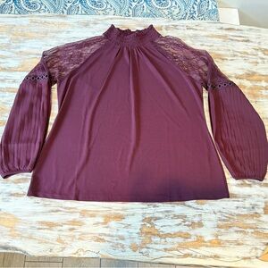 Belldini Plum Lace Balloon Pleated Long Sleeve Mock Neck Blouse Gorgeous